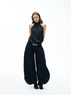 iamxiaa Ruched Cutout Shoulder Halter Back Tie Women's Satin Chiffon Tank Tops