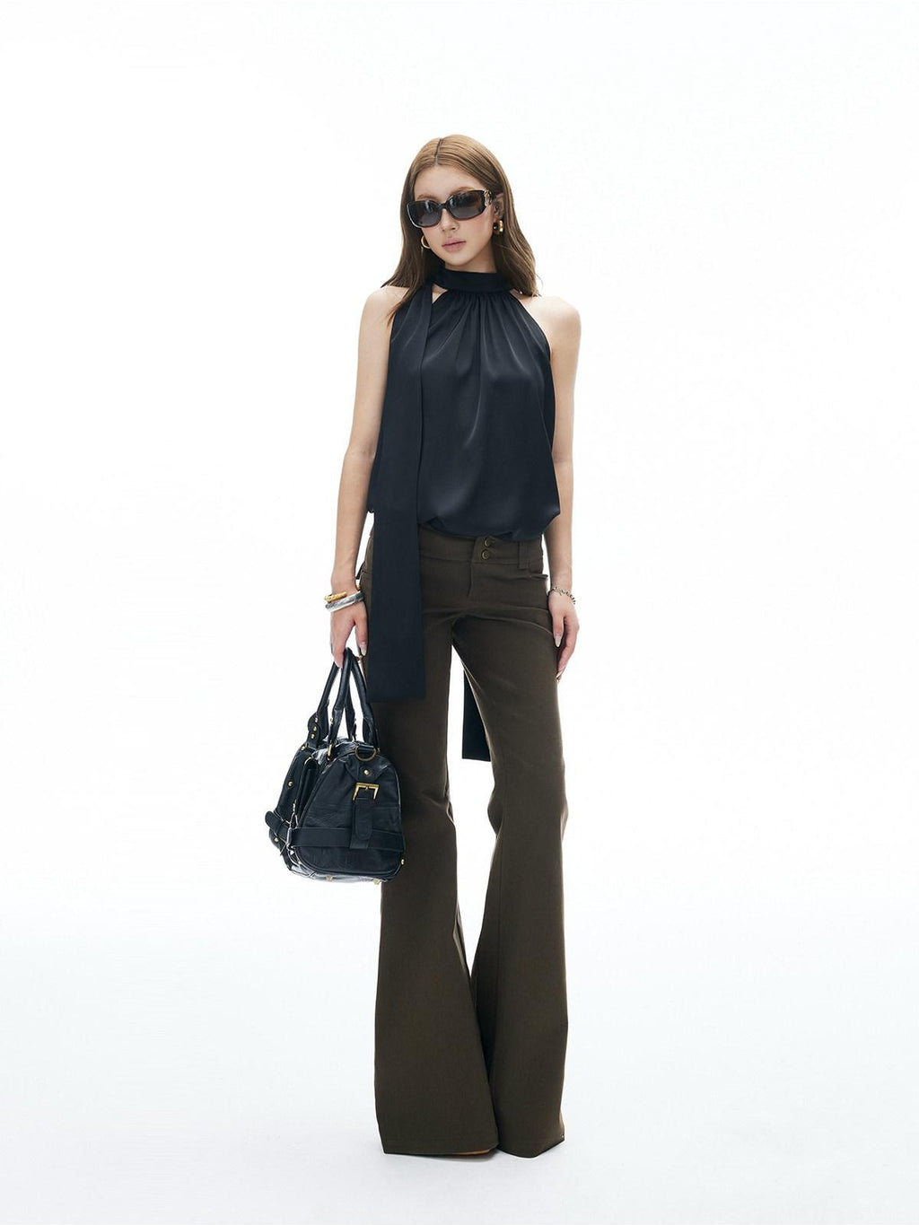 iamxiaa Ruched Cutout Shoulder Halter Back Tie Women's Satin Chiffon Tank Tops