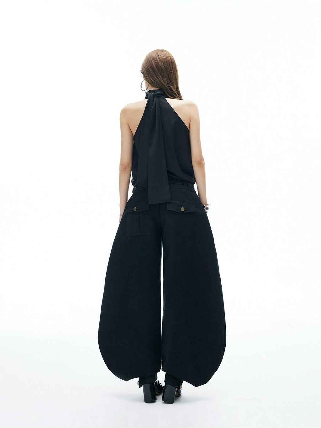 iamxiaa Ruched Cutout Shoulder Halter Back Tie Women's Satin Chiffon Tank Tops
