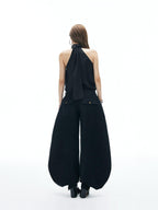 iamxiaa Ruched Cutout Shoulder Halter Back Tie Women's Satin Chiffon Tank Tops