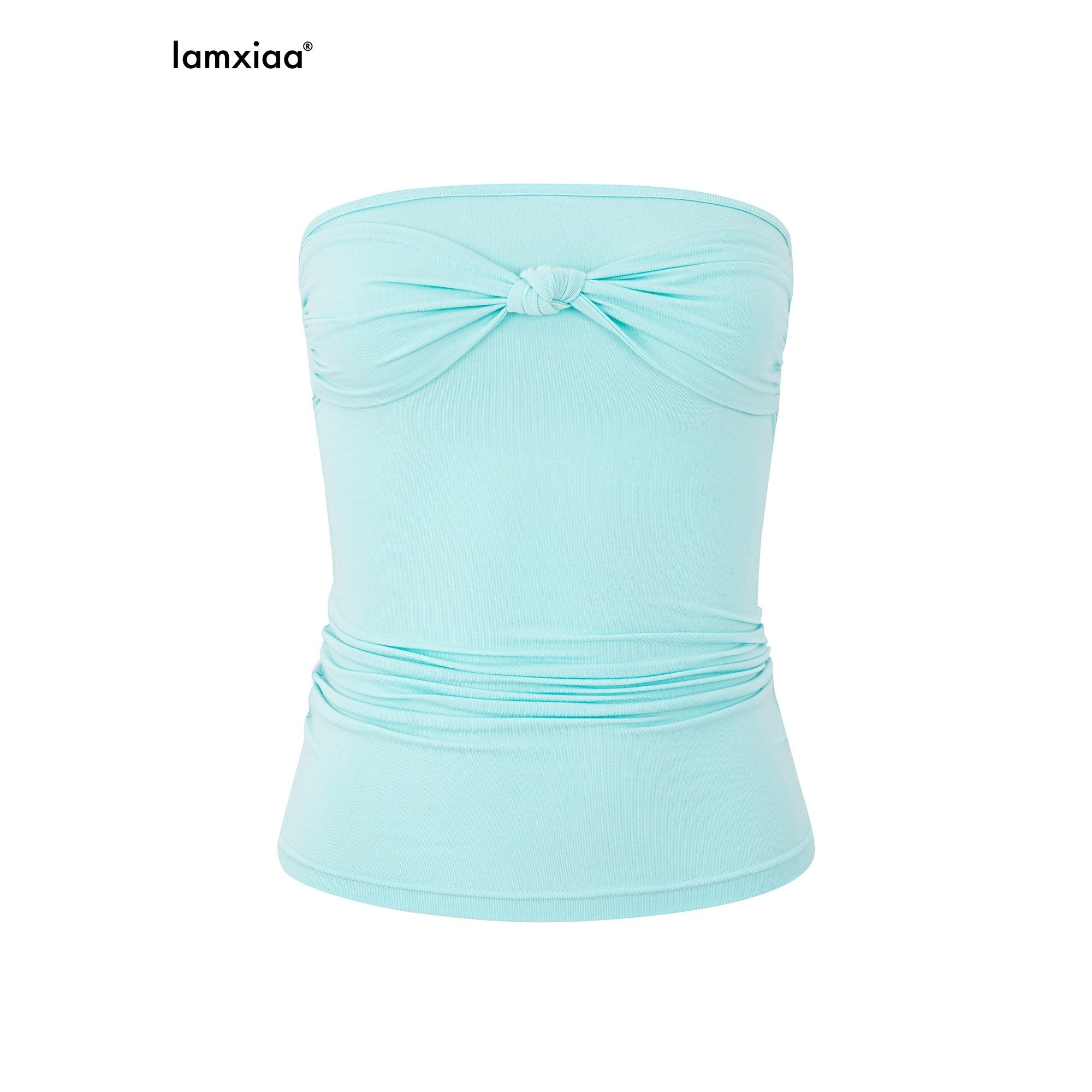 iamxiaa Ruched Twist Knot Bow Straight Neck Women's Stretch Slim Fit Tank Tops 1046094131157