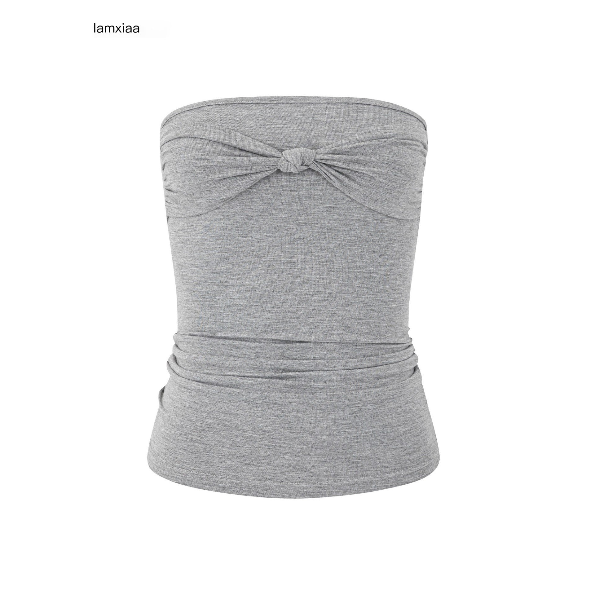 iamxiaa Ruched Twist Knot Bow Straight Neck Women's Stretch Slim Fit Tank Tops 1046094131157