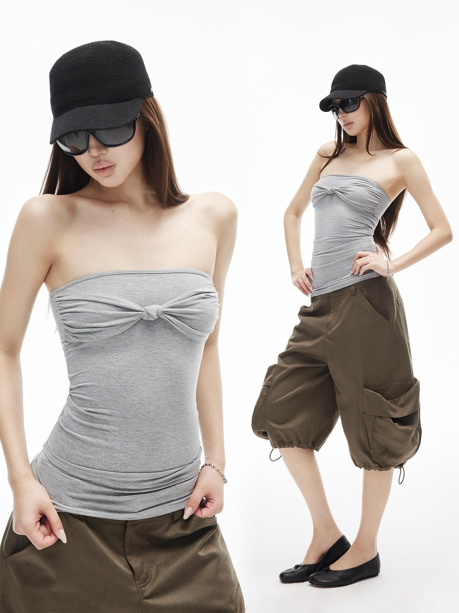 iamxiaa Ruched Twist Knot Bow Straight Neck Women's Stretch Slim Fit Tank Tops