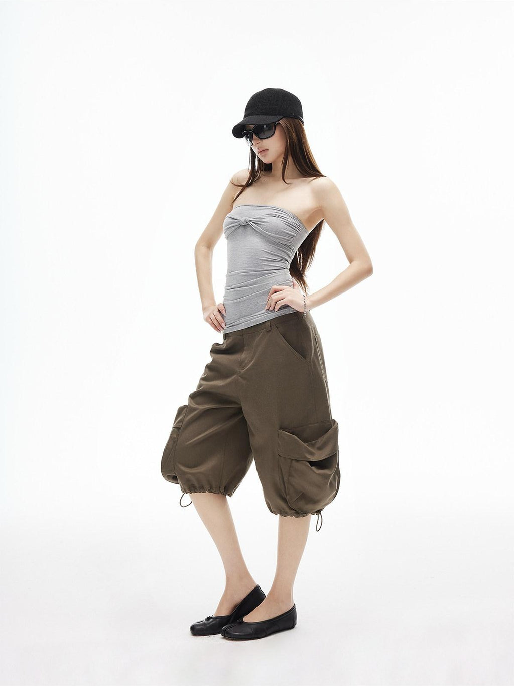 iamxiaa Ruched Twist Knot Bow Straight Neck Women's Stretch Slim Fit Tank Tops