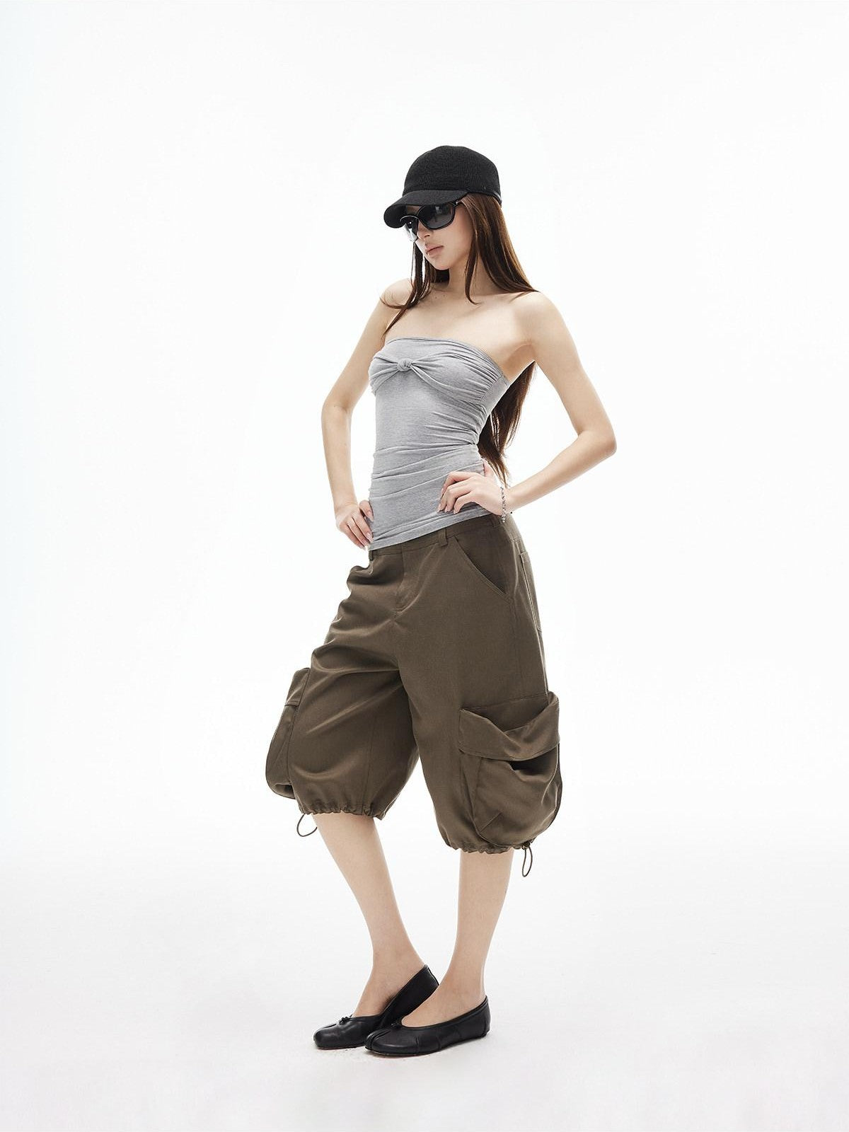 iamxiaa Ruched Twist Knot Bow Straight Neck Women's Stretch Slim Fit Tank Tops