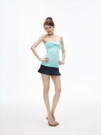 iamxiaa Ruched Twist Knot Bow Straight Neck Women's Stretch Slim Fit Tank Tops