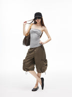 iamxiaa Ruched Twist Knot Bow Straight Neck Women's Stretch Slim Fit Tank Tops
