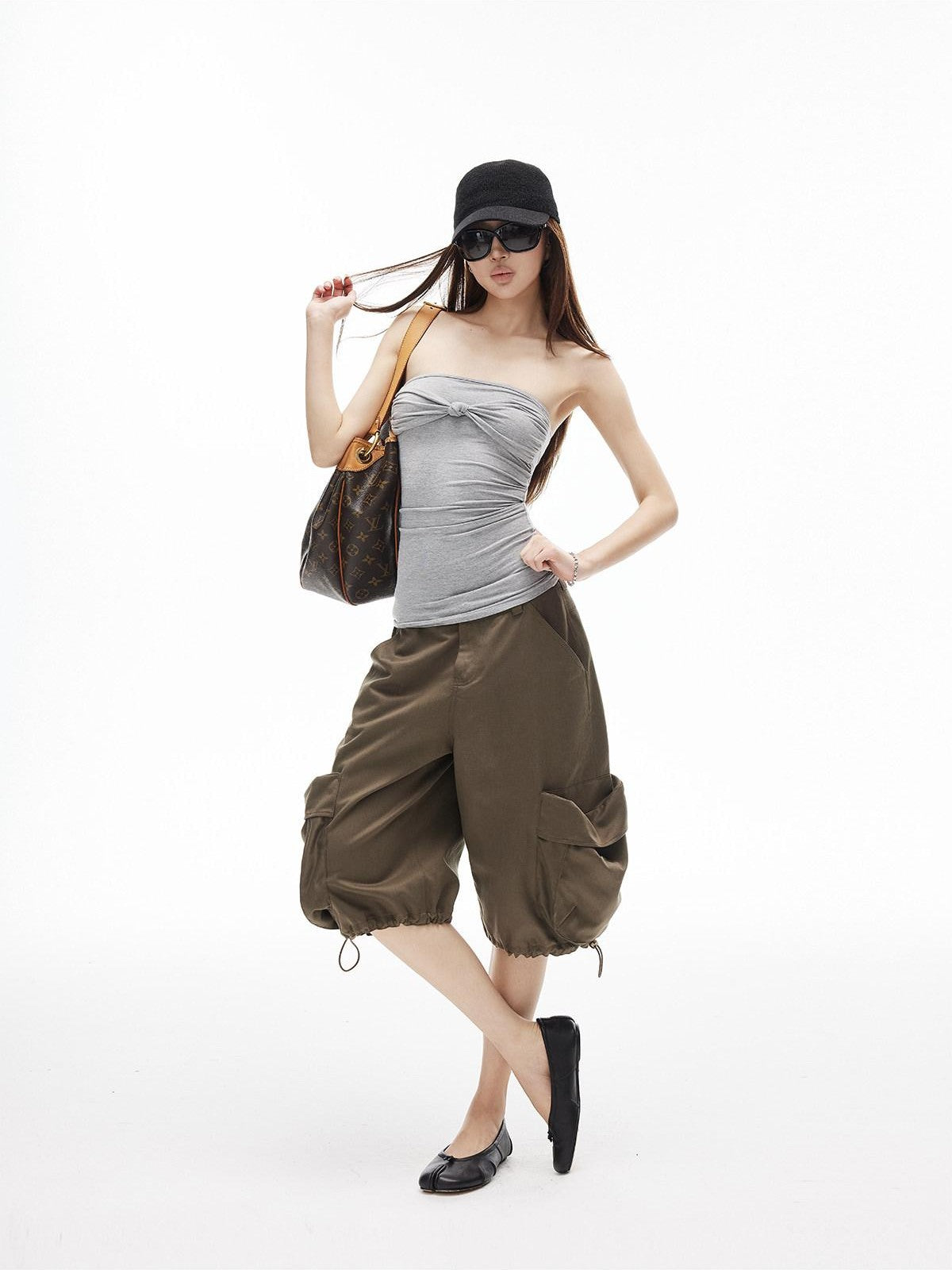 iamxiaa Ruched Twist Knot Bow Straight Neck Women's Stretch Slim Fit Tank Tops