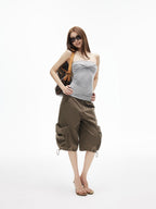 iamxiaa Ruched Twist Knot Bow Straight Neck Women's Stretch Slim Fit Tank Tops