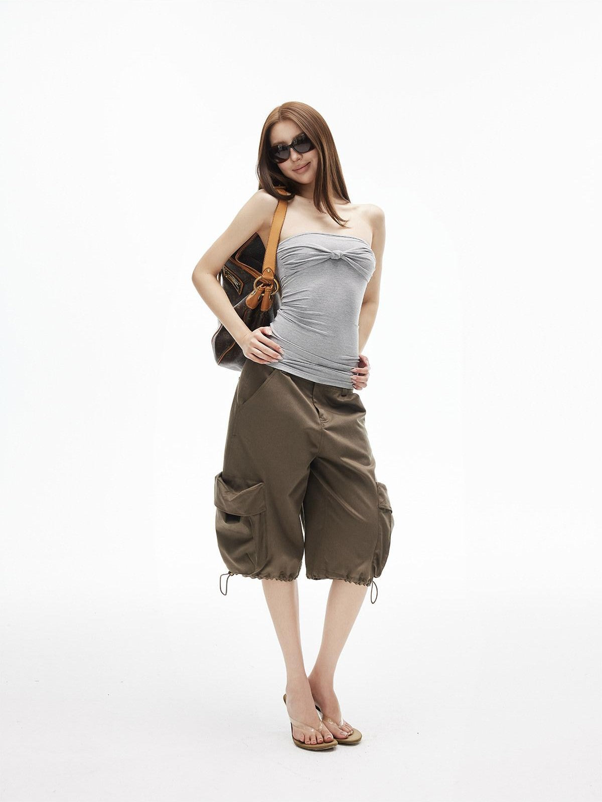 iamxiaa Ruched Twist Knot Bow Straight Neck Women's Stretch Slim Fit Tank Tops