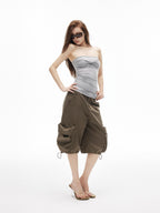 iamxiaa Ruched Twist Knot Bow Straight Neck Women's Stretch Slim Fit Tank Tops
