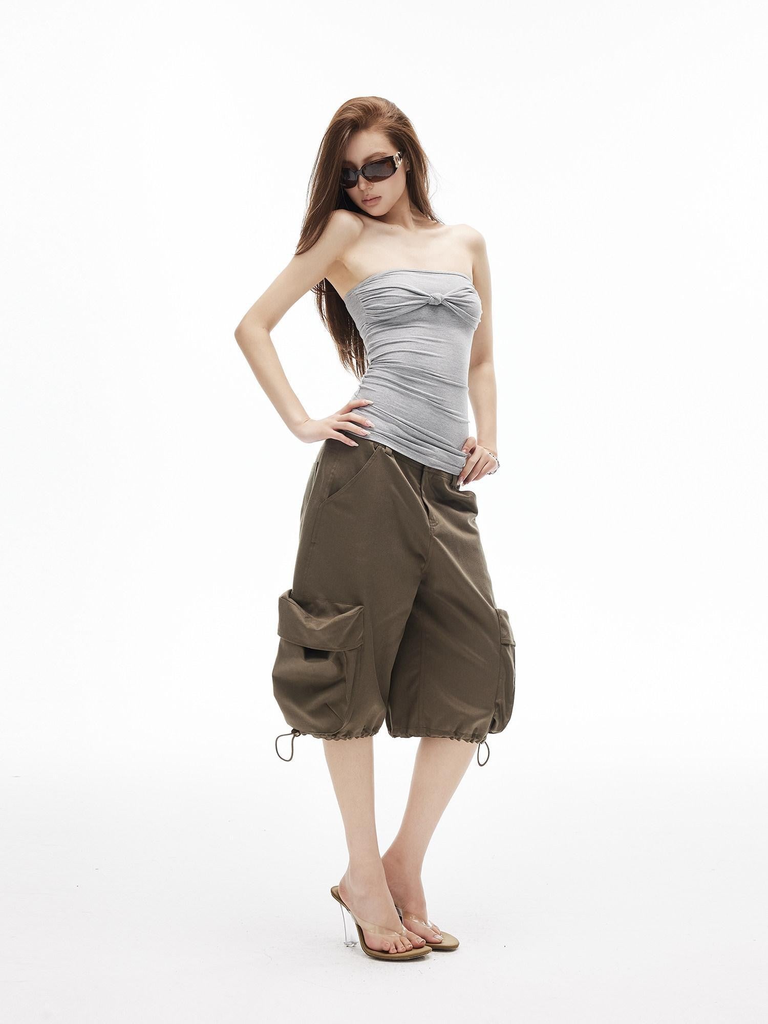 iamxiaa Ruched Twist Knot Bow Straight Neck Women's Stretch Slim Fit Tank Tops