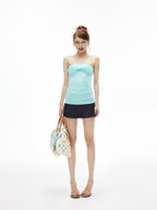 iamxiaa Ruched Twist Knot Bow Straight Neck Women's Stretch Slim Fit Tank Tops
