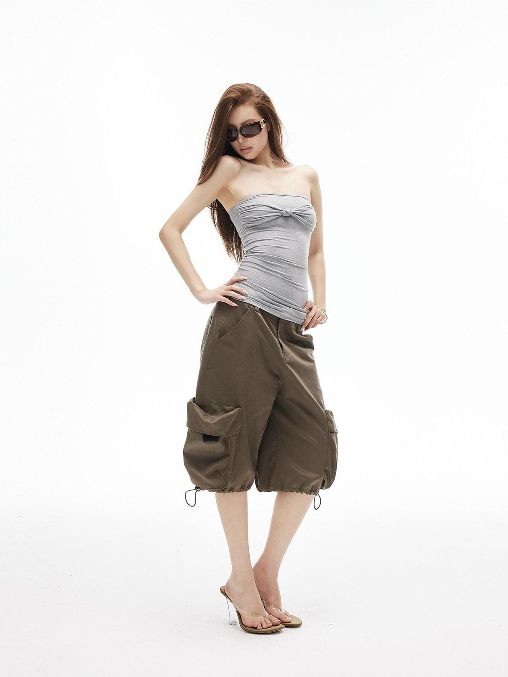 iamxiaa Ruched Twist Knot Bow Straight Neck Women's Stretch Slim Fit Tank Tops