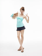 iamxiaa Ruched Twist Knot Bow Straight Neck Women's Stretch Slim Fit Tank Tops