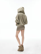 iamxiaa Sage Hooded Zip Loose Top U Neck Slim Racerback Women's Cotton Top & Skirt Sets