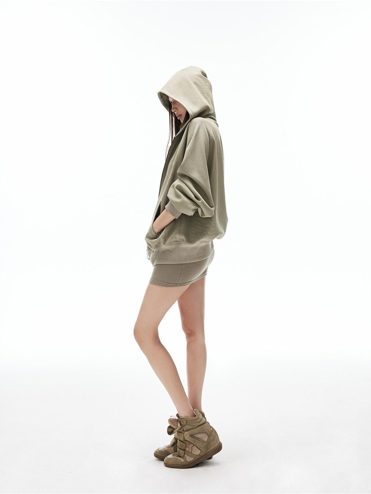 iamxiaa Sage Hooded Zip Loose Top U Neck Slim Racerback Women's Cotton Top & Skirt Sets