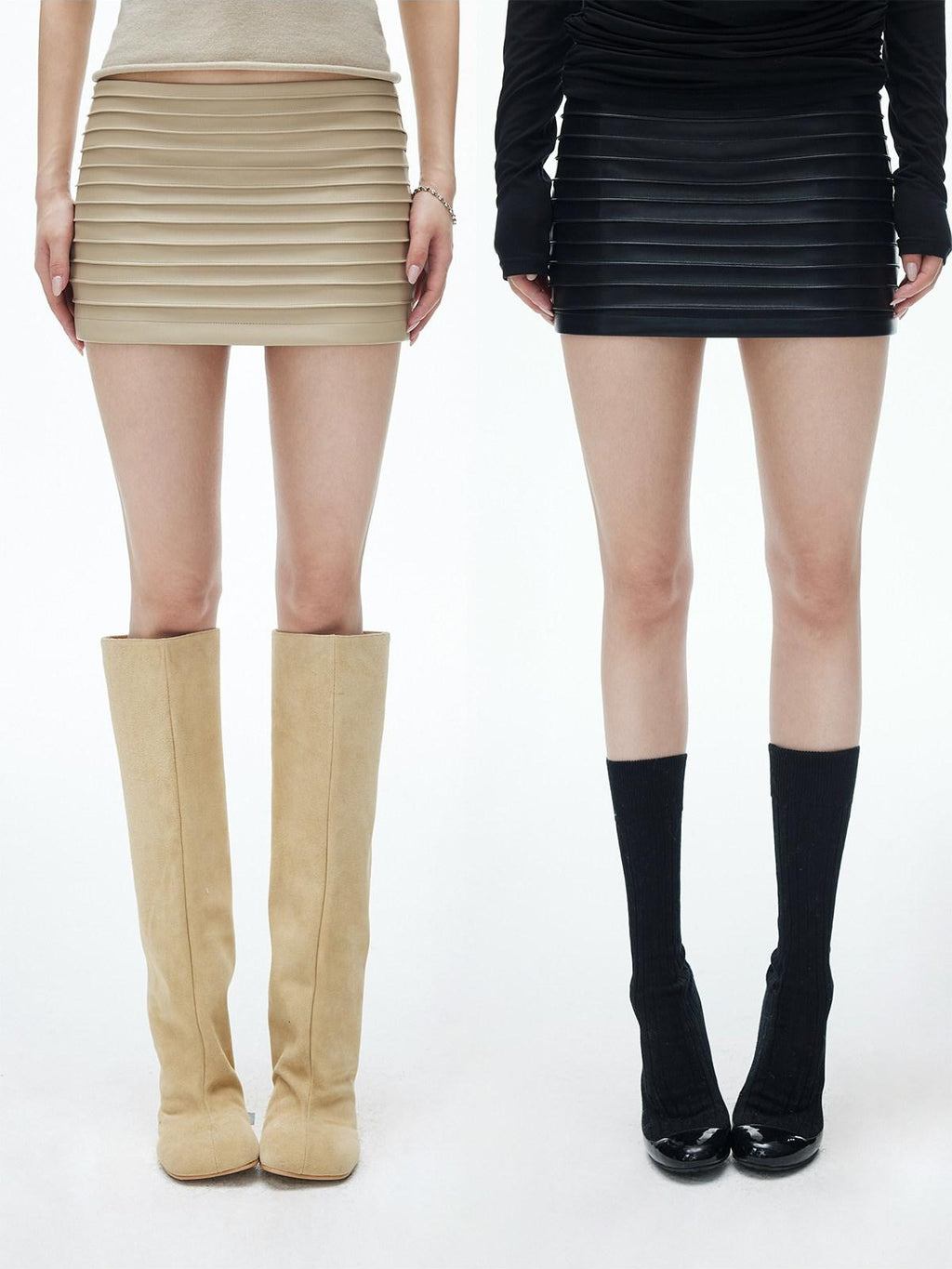 iamxiaa Sculptural Pleated Panel Smooth Back Women's Matte Leather Mini Skirts