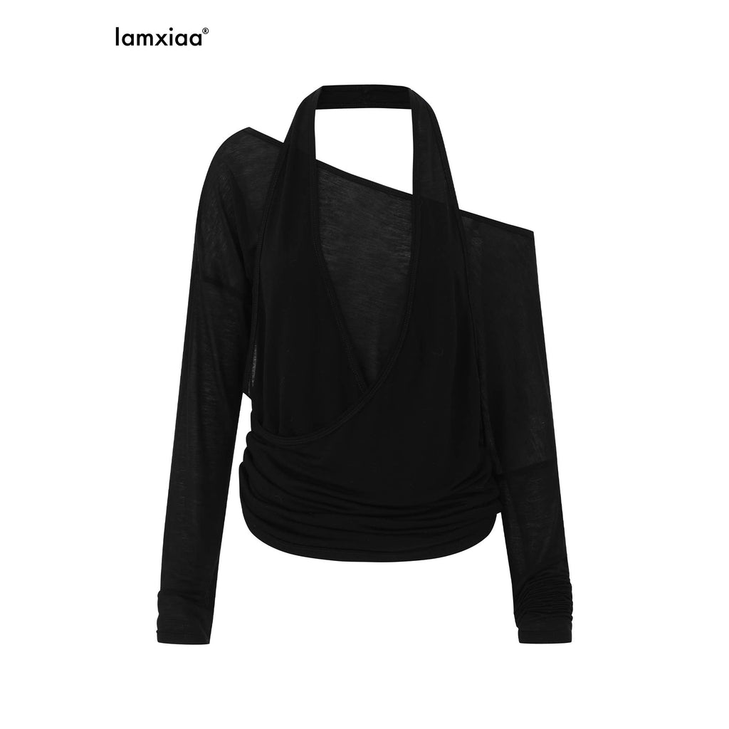iamxiaa Sheer Halter Asymmetrical Ruched Faux Women's Tencel Long Sleeve T-shirts 889128609549