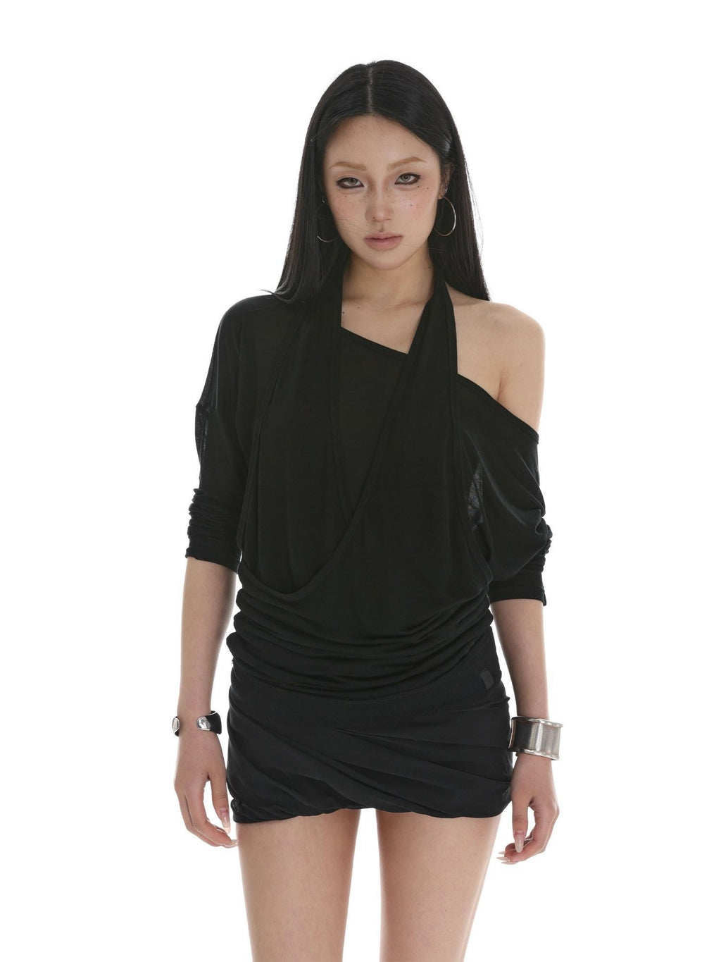 iamxiaa Sheer Halter Asymmetrical Ruched Faux Women's Tencel Long Sleeve T-shirts