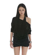 iamxiaa Sheer Halter Asymmetrical Ruched Faux Women's Tencel Long Sleeve T-shirts