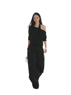 iamxiaa Sheer Halter Asymmetrical Ruched Faux Women's Tencel Long Sleeve T-shirts