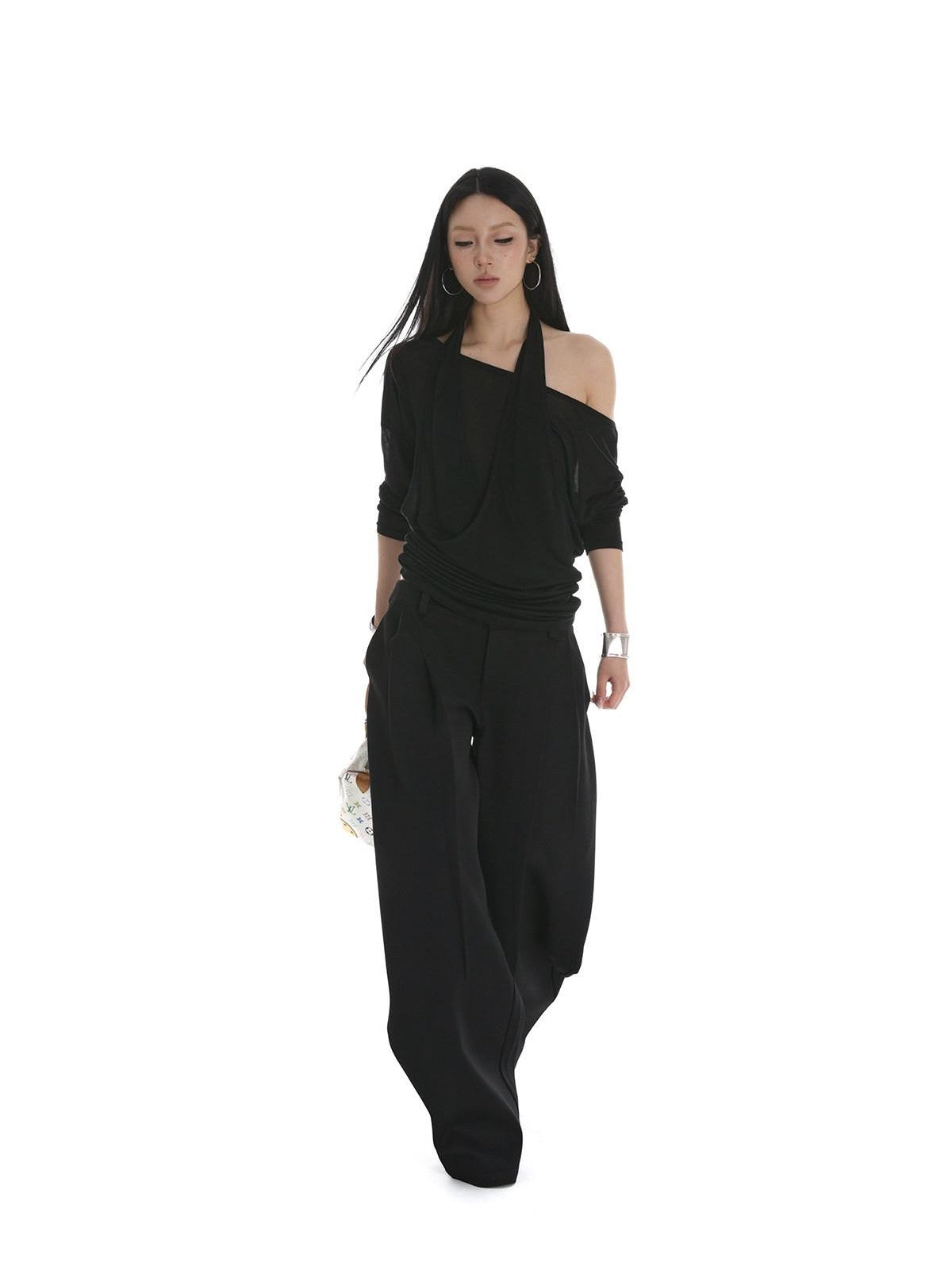 iamxiaa Sheer Halter Asymmetrical Ruched Faux Women's Tencel Long Sleeve T-shirts