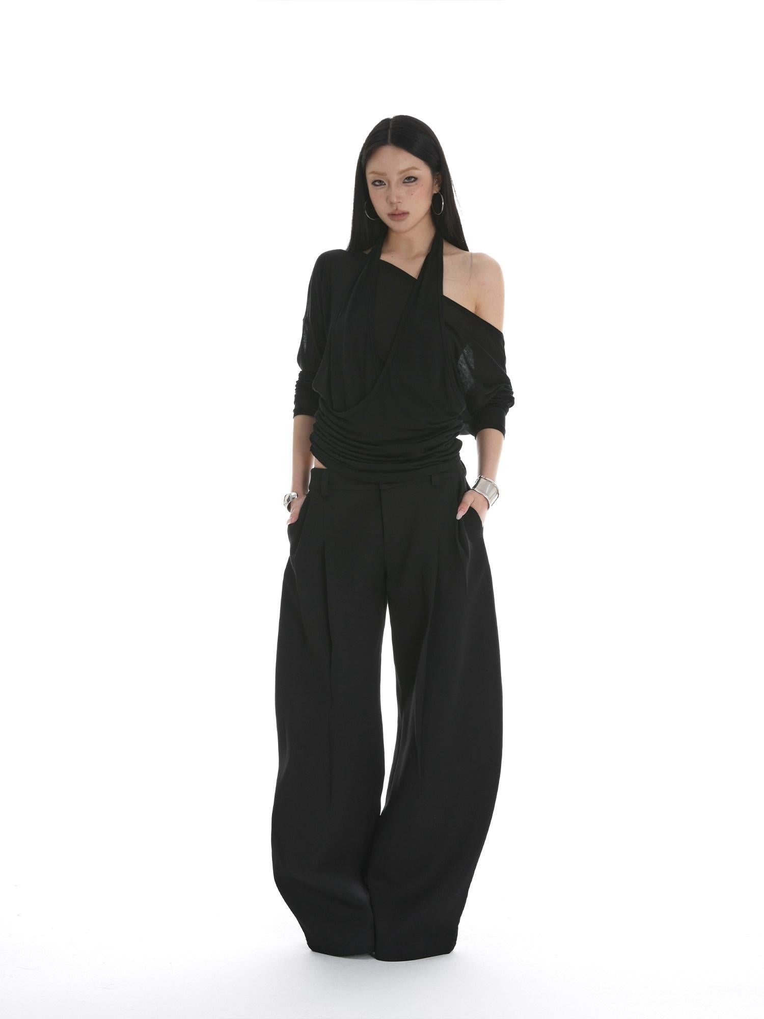iamxiaa Sheer Halter Asymmetrical Ruched Faux Women's Tencel Long Sleeve T-shirts