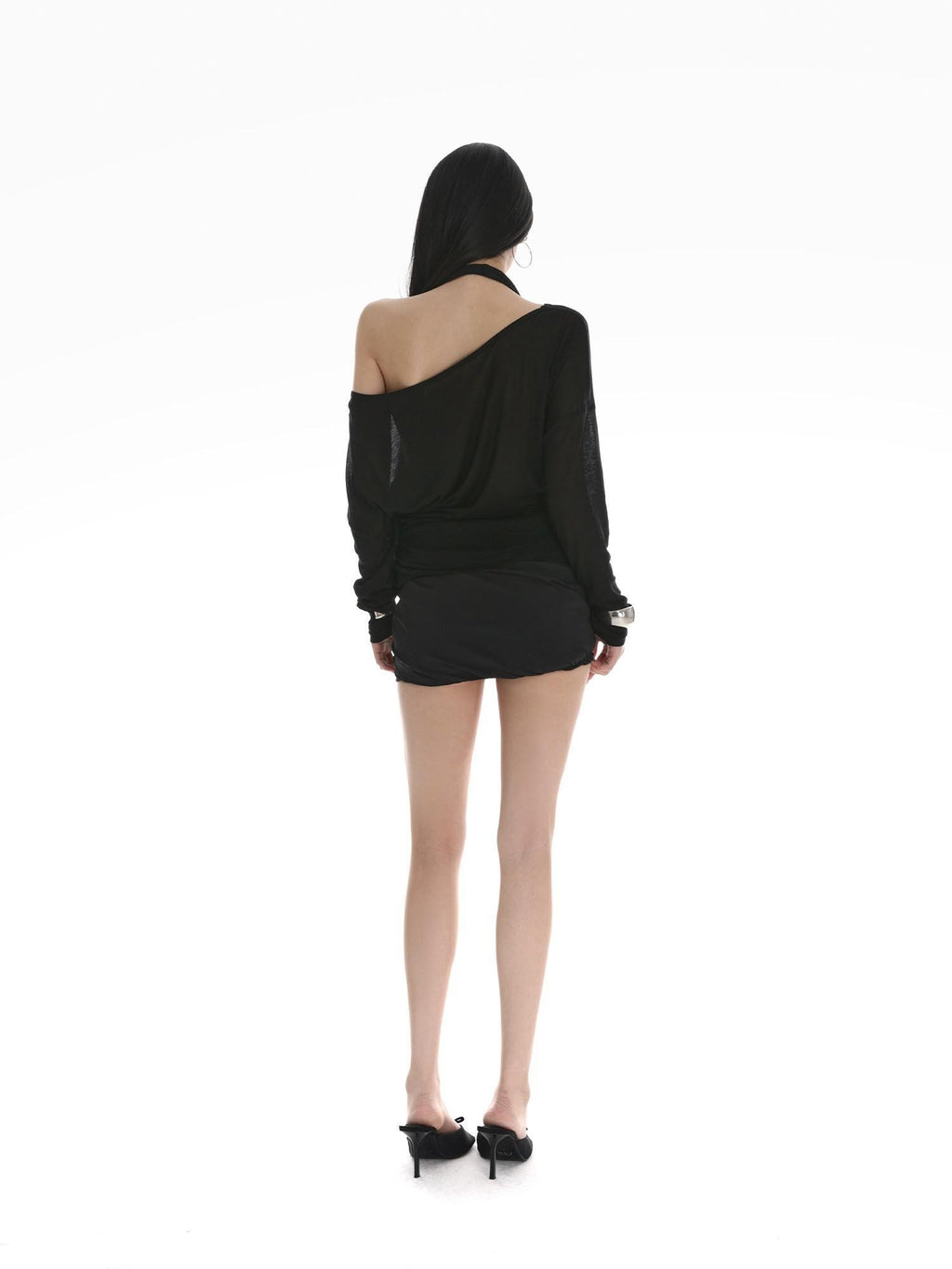 iamxiaa Sheer Halter Asymmetrical Ruched Faux Women's Tencel Long Sleeve T-shirts
