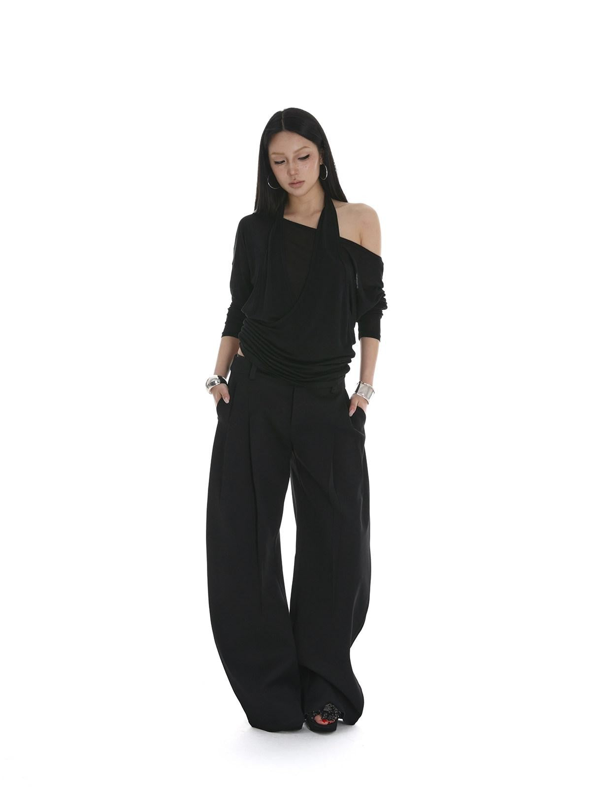 iamxiaa Sheer Halter Asymmetrical Ruched Faux Women's Tencel Long Sleeve T-shirts