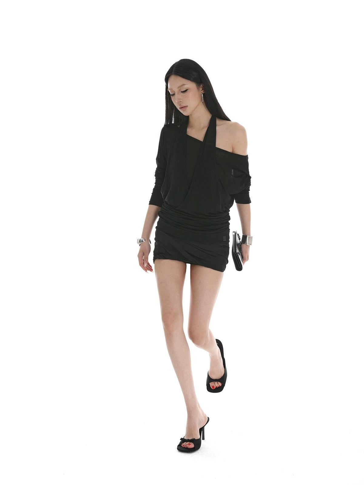 iamxiaa Sheer Halter Asymmetrical Ruched Faux Women's Tencel Long Sleeve T-shirts