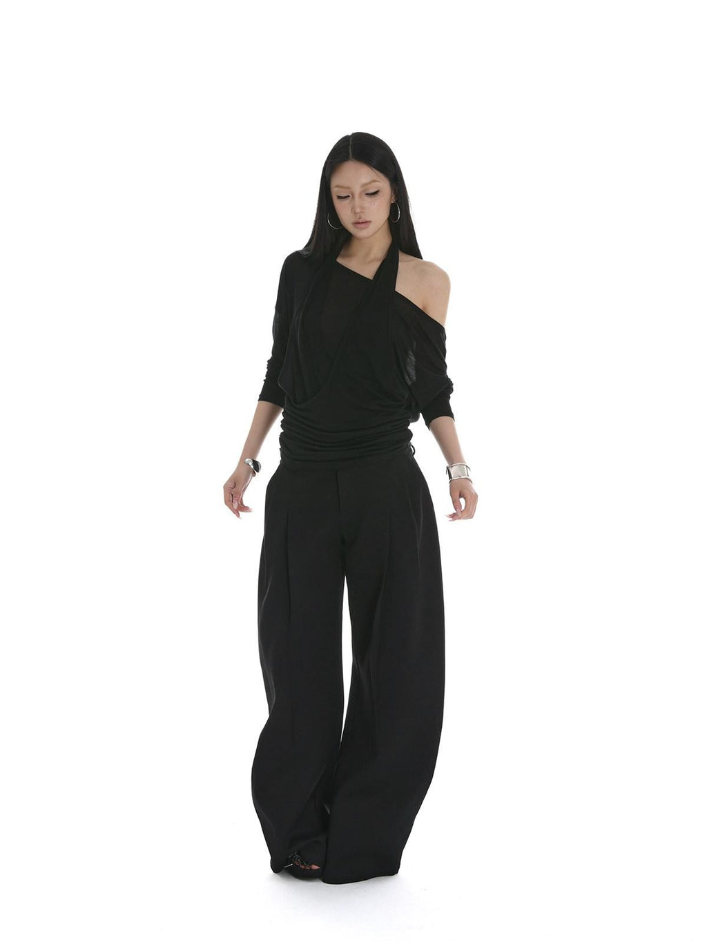 iamxiaa Sheer Halter Asymmetrical Ruched Faux Women's Tencel Long Sleeve T-shirts