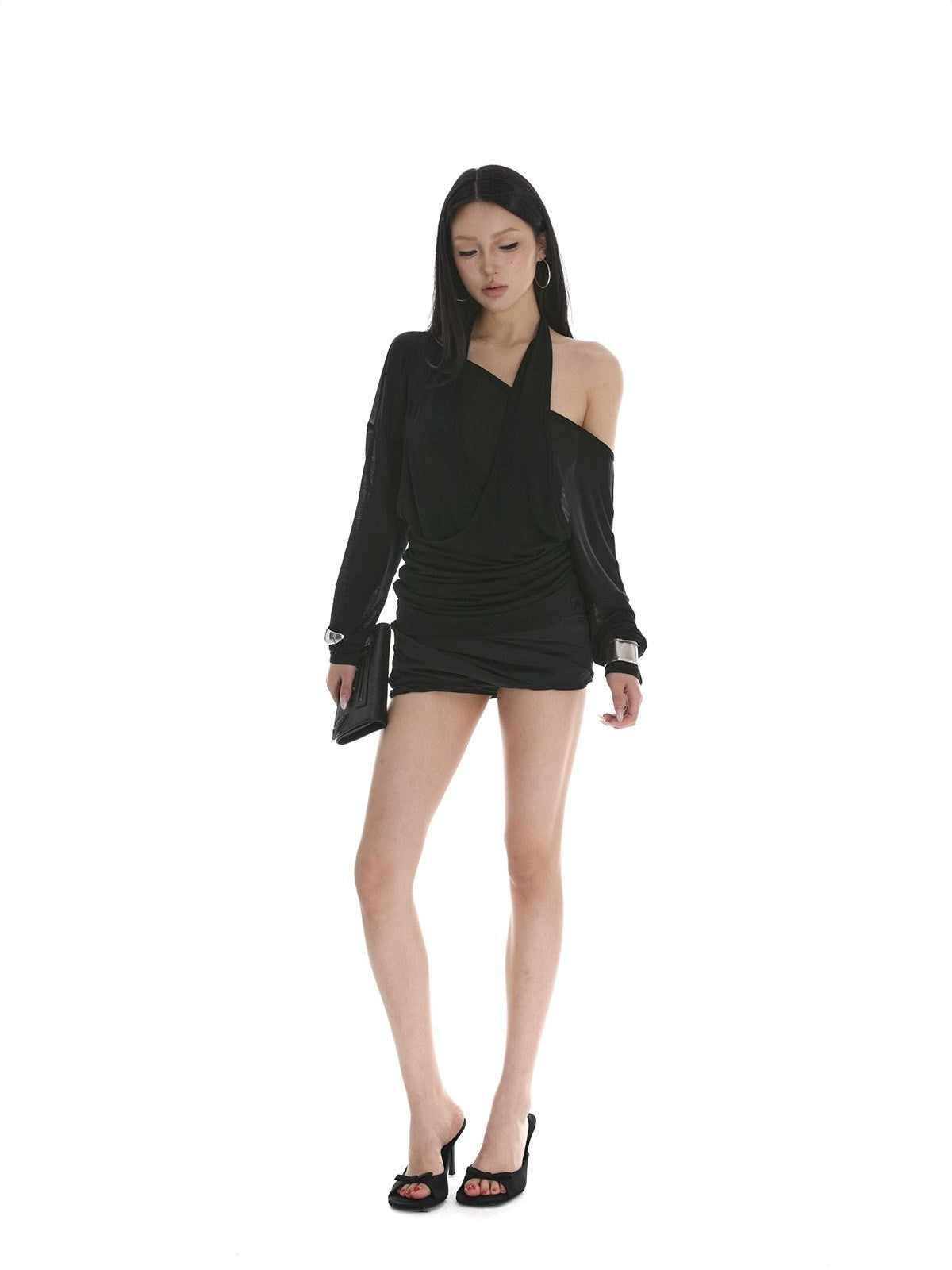 iamxiaa Sheer Halter Asymmetrical Ruched Faux Women's Tencel Long Sleeve T-shirts