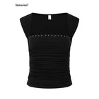 iamxiaa Silky Pleated Riveted Rhinestone Low Square Neck Women's Lyocell Tank Tops 1048425152129