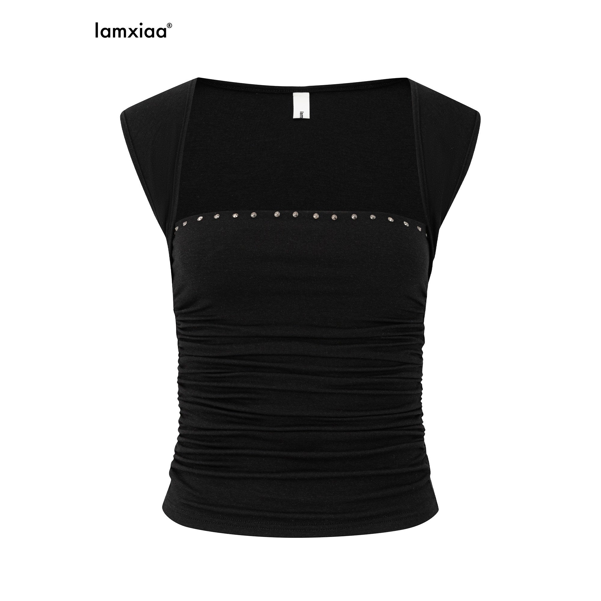iamxiaa Silky Pleated Riveted Rhinestone Low Square Neck Women's Lyocell Tank Tops 1048425152129