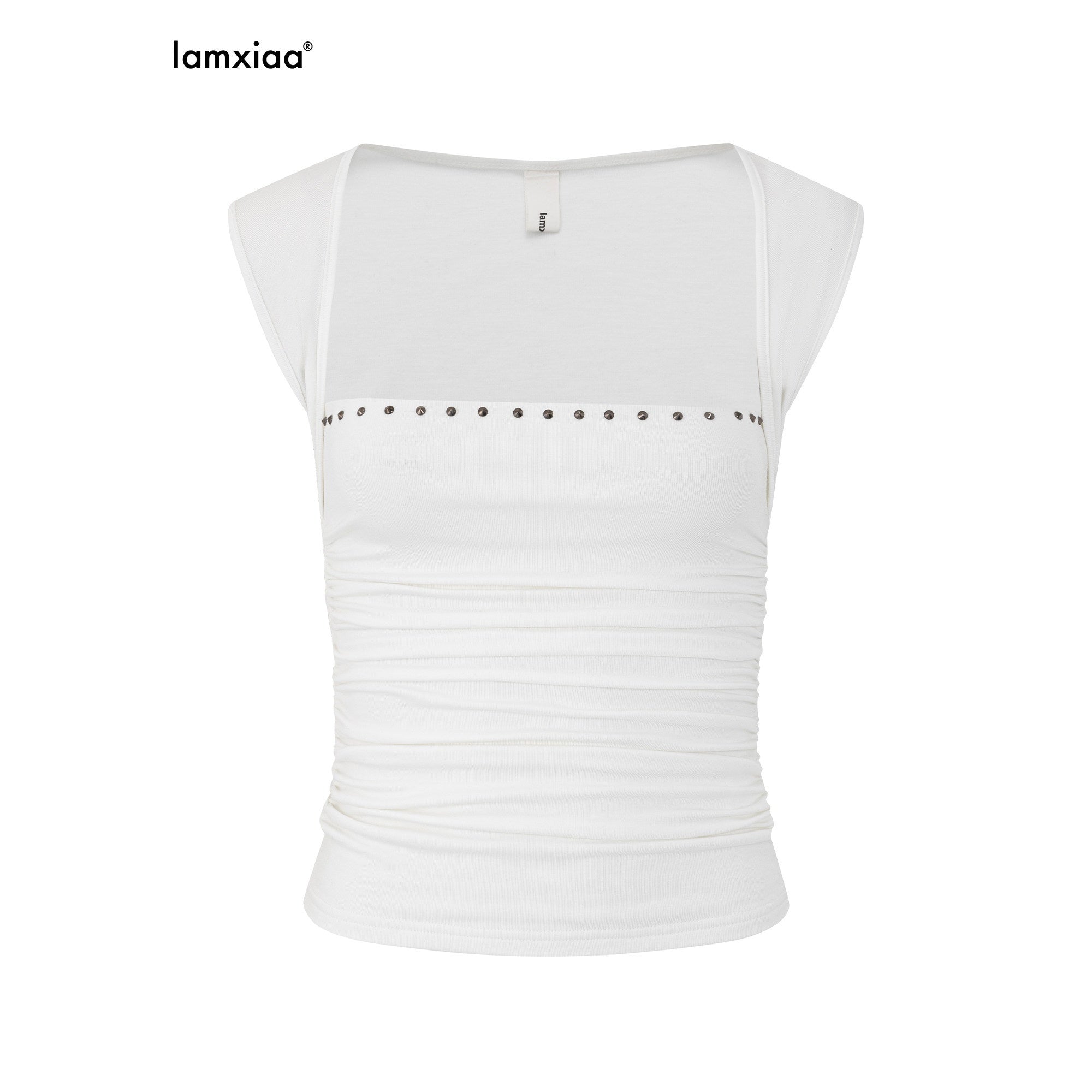 iamxiaa Silky Pleated Riveted Rhinestone Low Square Neck Women's Lyocell Tank Tops 1048425152129