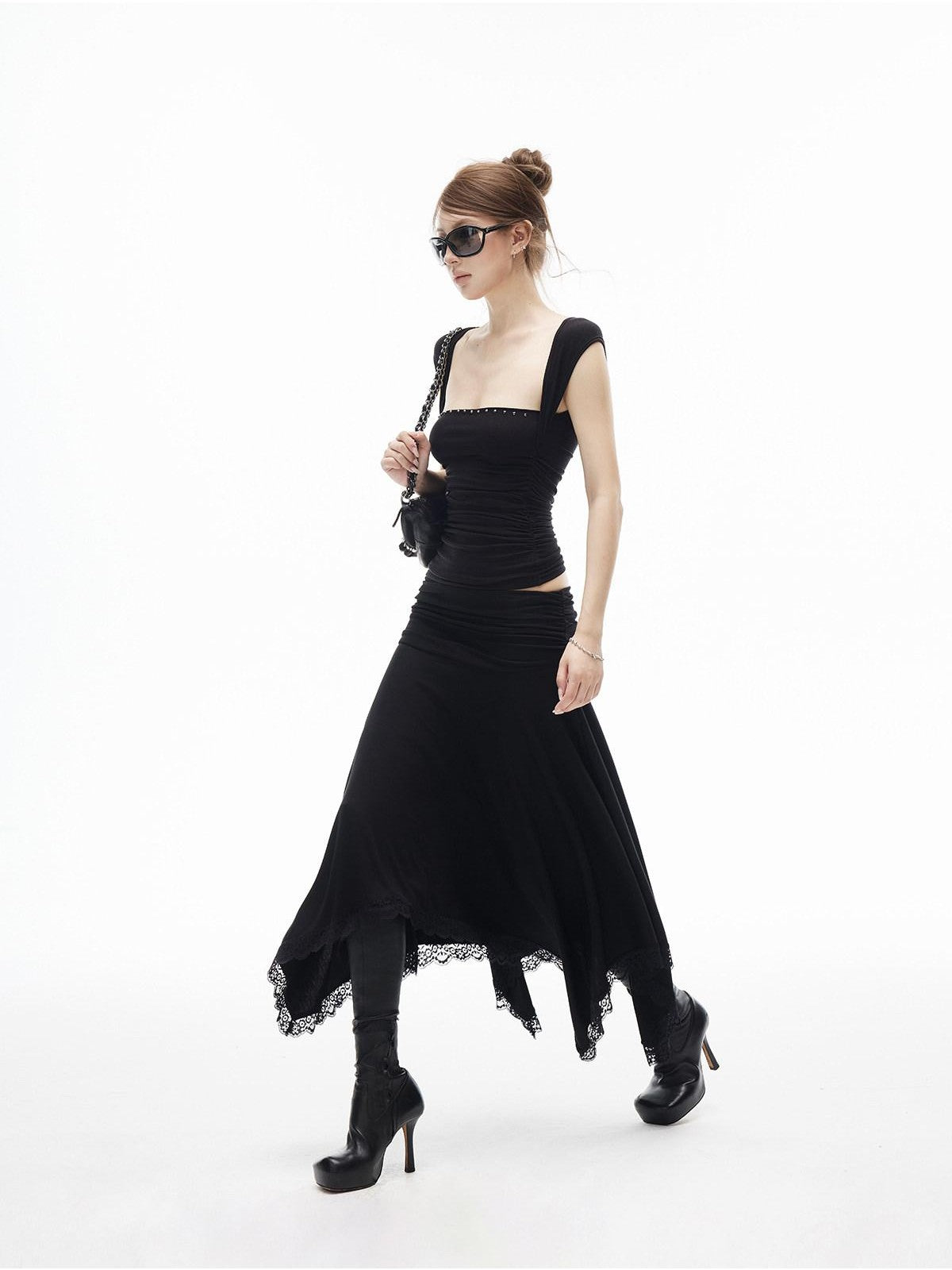 iamxiaa Silky Pleated Riveted Rhinestone Low Square Neck Women's Lyocell Tank Tops