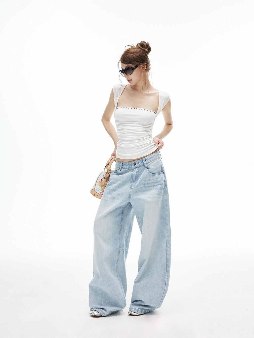 iamxiaa Silky Pleated Riveted Rhinestone Low Square Neck Women's Lyocell Tank Tops