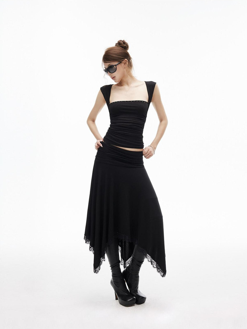 iamxiaa Silky Pleated Riveted Rhinestone Low Square Neck Women's Lyocell Tank Tops