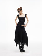 iamxiaa Silky Pleated Riveted Rhinestone Low Square Neck Women's Lyocell Tank Tops