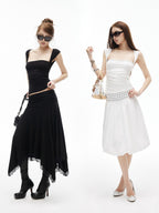 iamxiaa Silky Pleated Riveted Rhinestone Low Square Neck Women's Lyocell Tank Tops