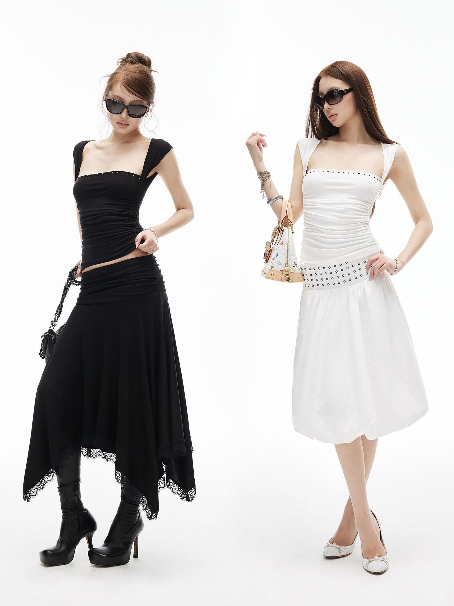 iamxiaa Silky Pleated Riveted Rhinestone Low Square Neck Women's Lyocell Tank Tops