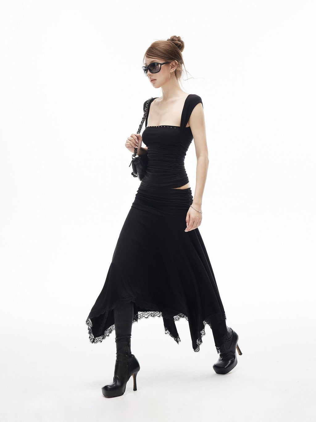 iamxiaa Silky Pleated Riveted Rhinestone Low Square Neck Women's Lyocell Tank Tops