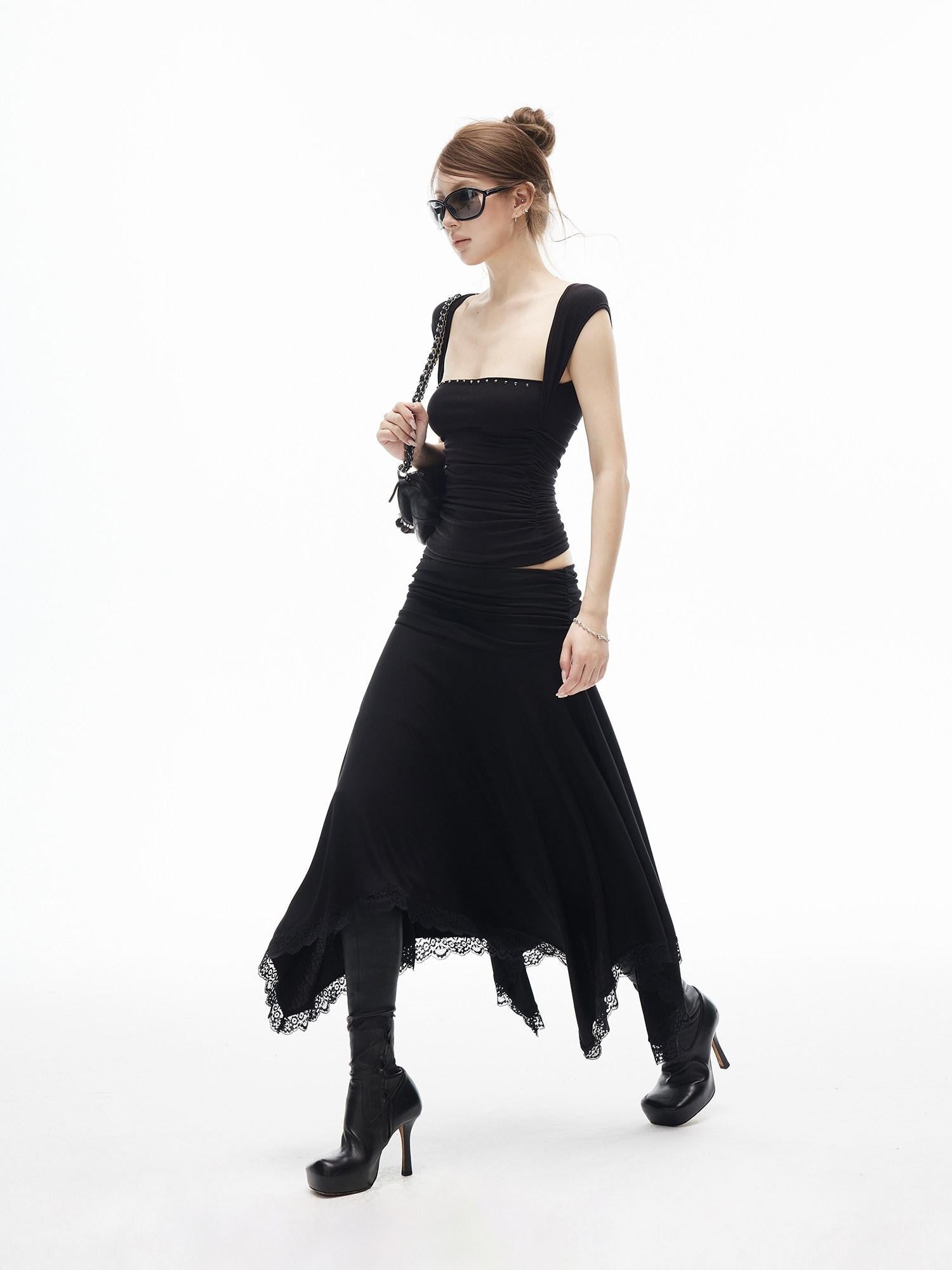 iamxiaa Silky Pleated Riveted Rhinestone Low Square Neck Women's Lyocell Tank Tops