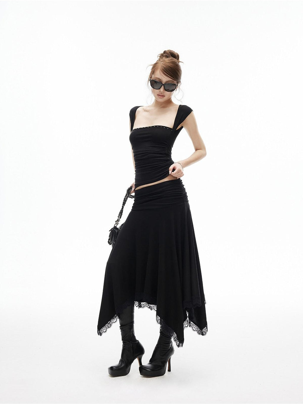 iamxiaa Silky Pleated Riveted Rhinestone Low Square Neck Women's Lyocell Tank Tops
