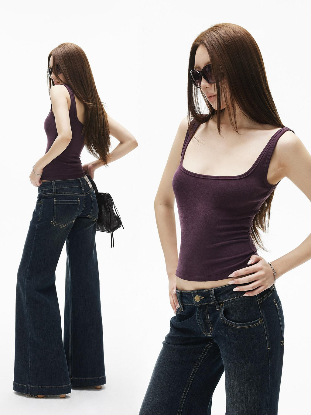 iamxiaa Slim Fit Wide Strap U Neck Women's Cotton Stretch Blend Tank Tops