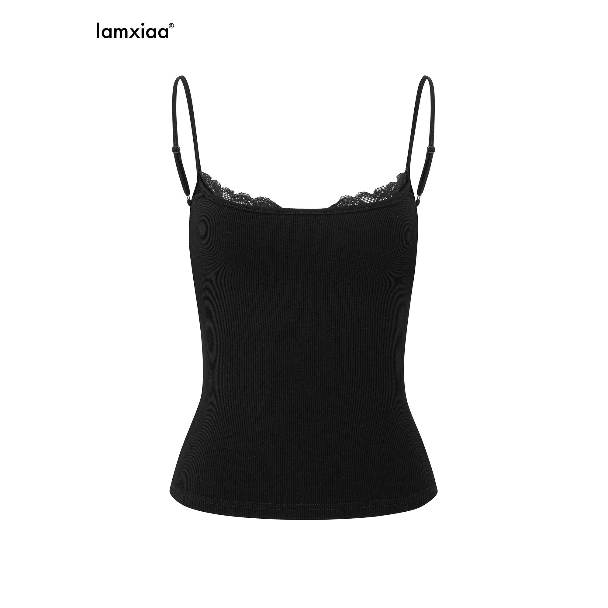 iamxiaa Slimming Ribbed Lace Trim Women's Cotton Blend Stretch Camisoles 1036733715565