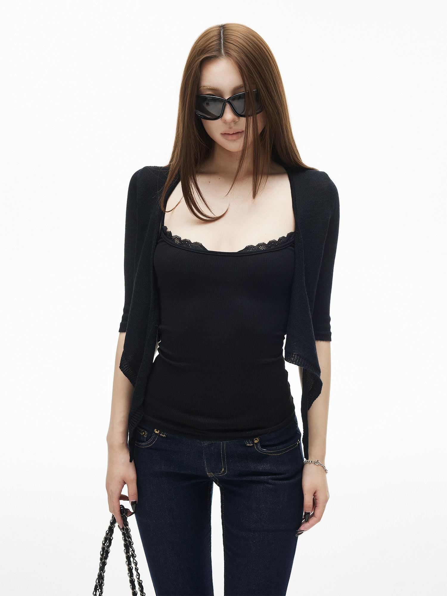 iamxiaa Slimming Ribbed Lace Trim Women's Cotton Blend Stretch Camisoles