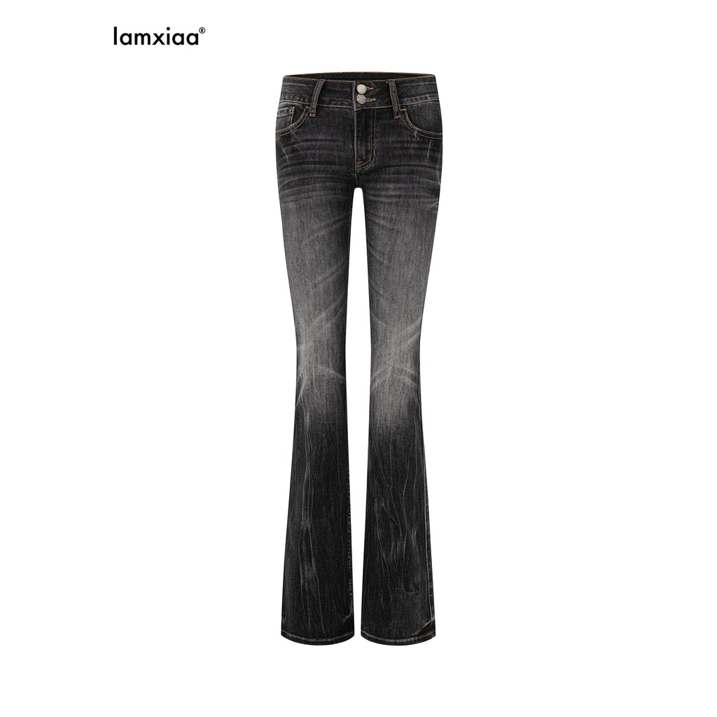 iamxiaa Slub Texture Lightning Ombre Vintage Women's Cotton Stretch Flare Jeans 956634650843