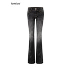 iamxiaa Slub Texture Lightning Ombre Vintage Women's Cotton Stretch Flare Jeans 956634650843